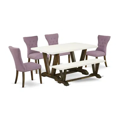 East West Furniture 6-pc Dining Table Set- 4 Upholstered Dining Chairs With Dahlia Linen Fabric Seat And Button Tufted C In Purple