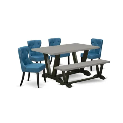 East West Furniture 6-pc Kitchen And Dining Room Set- 4 Kitchen Parson Chairs With Blue Linen Fabric Seat And Button Tuf