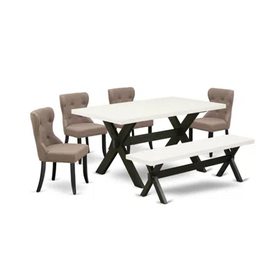 East West Furniture 6-pc Kitchen Dinette Set-coffee Linen Fabric Seat And Button Tufted Back Dining Chairs And Rectangul In Neutral