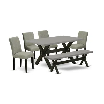 East West Furniture 6-pc Kitchen Table Set - 4 Dining Chairs, A Dining Bench Cement Top And 1 Modern Cement Dining Table In Multi