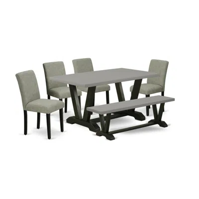 East West Furniture 6-pc Kitchen Table Set - 4 Parson Chairs, A Wooden Bench Cement Top And 1 Modern Cement Dining Table In Green