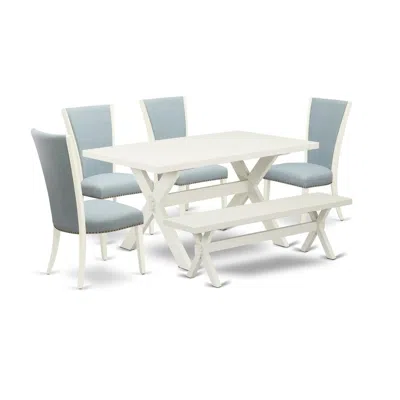East West Furniture 6 Piece Dinette Set - 4 Baby Blue Linen Fabric Dining Room Chairs With Nailheads And Linen White Woo In Multi