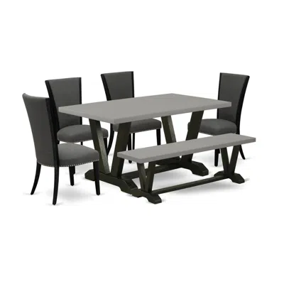 East West Furniture 6 Piece Dining Room Set - 4 Dark Gotham Grey Linen Fabric Kitchen Chairs With Nailheads And Cement W In Black