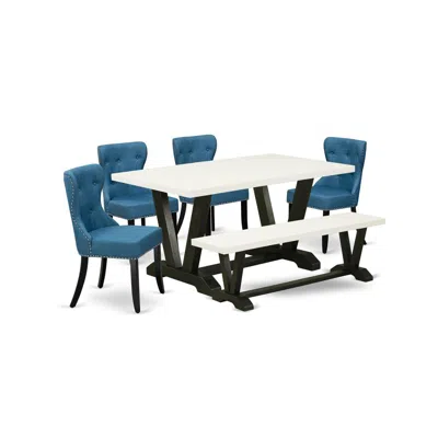 East West Furniture 6-piece Dining Room Set- 4 Upholstered Dining Chairs With Blue Linen Fabric Seat And Button Tufted C In Multi