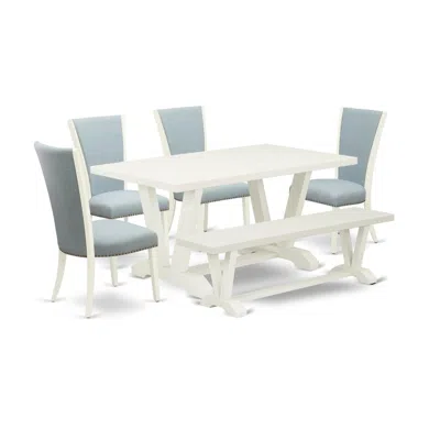 East West Furniture 6 Piece Dining Room Table Set - 4 Baby Blue Linen Fabric Dining Chair With Nailheads And Linen White In Multi