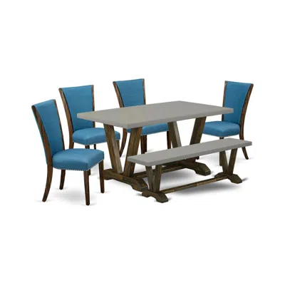 East West Furniture 6 Piece Dining Room Table Set - 4 Black Linen Fabric Chairs For Dining Room With Nailheads And Cemen In Blue