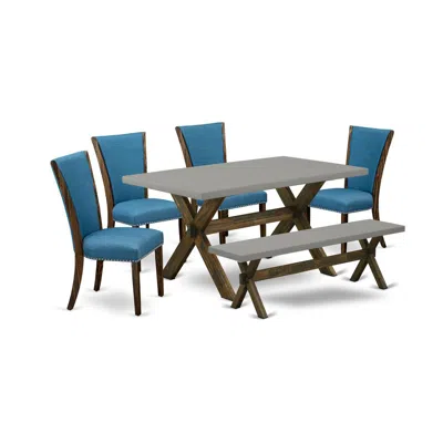 East West Furniture 6 Piece Dining Room Table Set - 4 Black Linen Fabric Upholstered Dining Chairs With Nailheads And Ce In Blue