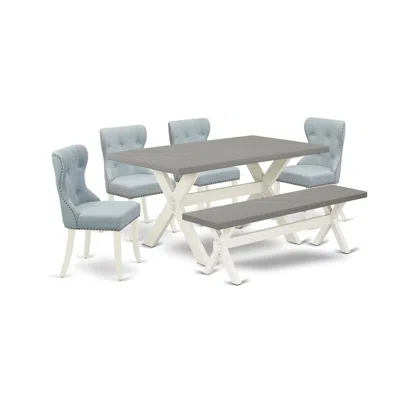East West Furniture 6-piece Dining Room Table Set- 4 Dining Padded Chairs With Baby Blue Linen Fabric Seat And Button Tu In Gray