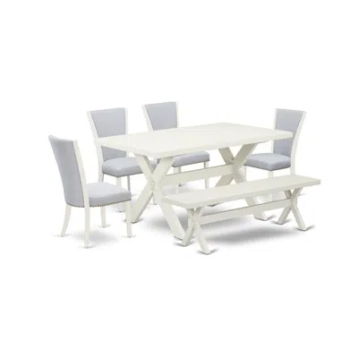 East West Furniture 6 Piece Dining Set - Linen White Rectangular Table, 1 Modern Bench, And 4 Grey Linen Fabric Parson C In Multi