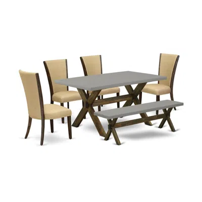 East West Furniture 6 Piece Dining Table Set - 4 Brown Linen Fabric Modern Chair With Nailheads And Cement Wood Table In Neutral