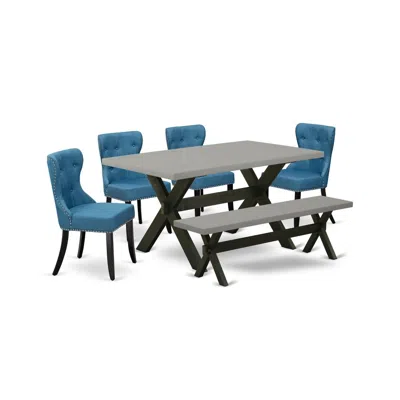 East West Furniture 6-piece Dining Table Set- 4 Parson Chairs With Blue Linen Fabric Seat And Button Tufted Chair Back