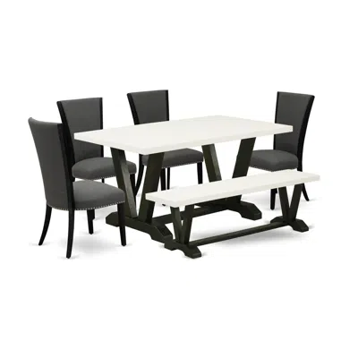 East West Furniture 6 Piece Mid Century Dining Set - 4 Dark Gotham Grey Linen Fabric Modern Chair In Multi