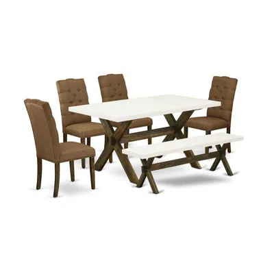 East West Furniture 6-piece Mid Century Dining Table Set-brown Beige Linen Fabric Seat And Button Tufted Chair Back Mode In Multi