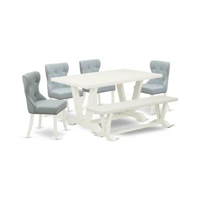East West Furniture 6-piece Modern Dining Table Set- 4 Mid Century Dining Chairs With Baby Blue Linen Fabric Seat And Bu In Multi