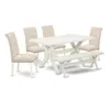 East West Furniture 6-piece Table Dining Set-light Beige Linen Fabric Seat And Button Tufted Chair Back Padded Parson Ch In White