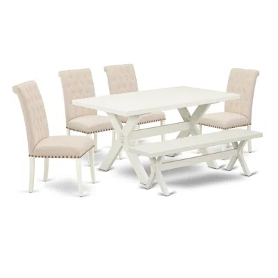 East West Furniture 6-piece Table Dining Set-light Beige Linen Fabric Seat And Button Tufted Chair Back Padded Parson Ch In White