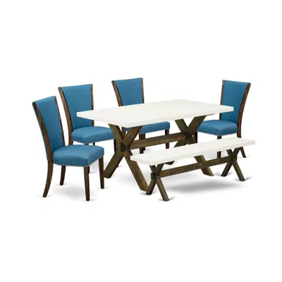 East West Furniture 6 Piece Table Set - 4 Black Linen Fabric Comfortable Chair With Nailheads And Linen White Modern Din In Blue