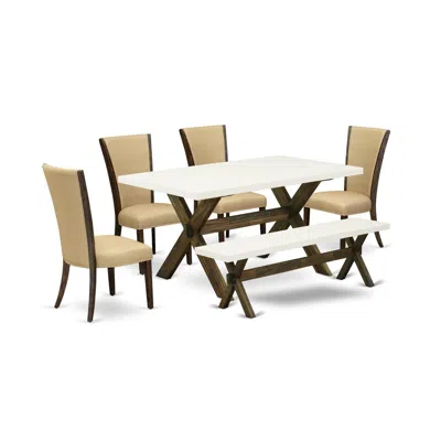 East West Furniture 6 Piece Table Set - 4 Brown Linen Fabric Comfortable Chair With Nailheads And Linen White Rectangula In Multi