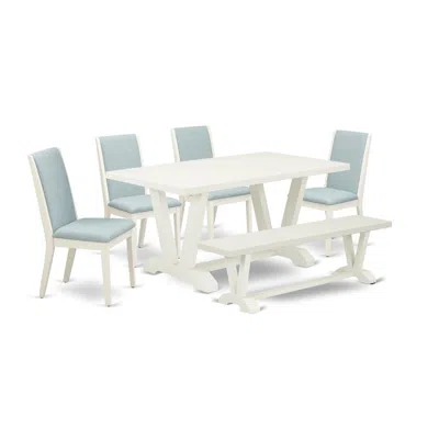East West Furniture 6pc Kitchen Set Includes A Wood Dining Table, 4 Parson Chairs With Baby Blue Color Linen Fabric And  In Multi
