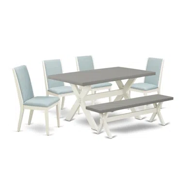 East West Furniture 6pc Wood Dining Table Set Includes A Dining Room Table, 4 Parson Chairs With Baby Blue Color Linen F