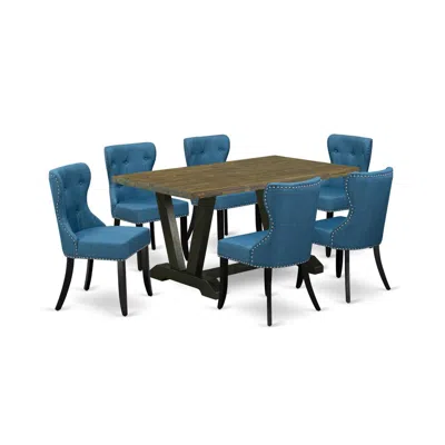 East West Furniture 7-pc Dinette Room Set- 6 Dining Padded Chairs With Blue Linen Fabric Seat And Button Tufted Chair Ba