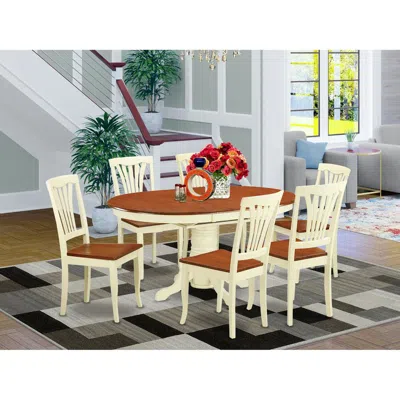 East West Furniture 7 Pc Dinette Table With Leaf And 6 Wood Seat Chairs In Buttermilk And Cherry.