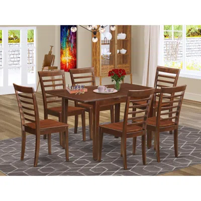 East West Furniture 7 Pc Dining Room Set - Rectangular Table With Leaf And 6 Dining Chairs In Brown