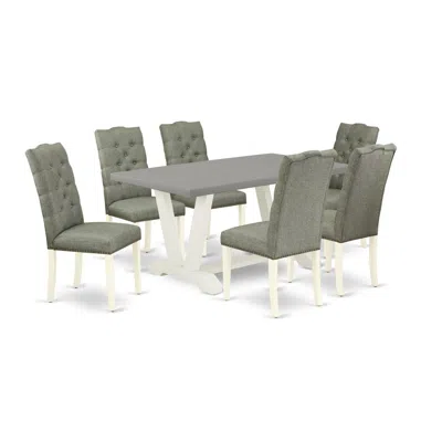 East West Furniture 7-pc Dining Room Set- 6 Kitchen Chairs With Smoke Linen Fabric Seat And Button Tufted Chair Back In Gray