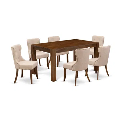 East West Furniture 7-pc Dining Room Table Set- 6 Padded Parson Chairs With Light Tan Linen Fabric Seat And Button Tufte In Multi