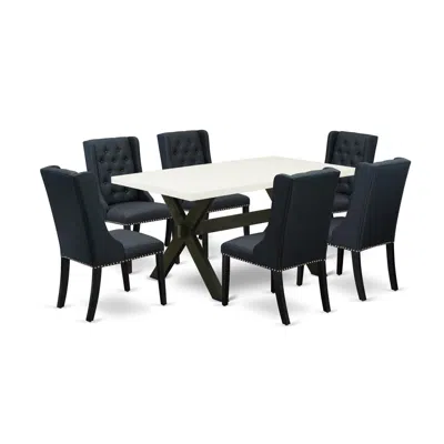 East West Furniture 7 Pc Dining Set - 6 Black Linen Fabric Parsons Chair Button Tufted With Nail Heads And Linen White R
