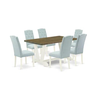 East West Furniture 7-pc Dining Table Set- 6 Dining Chairs With Baby Blue Linen Fabric Seat And Button Tufted Chair Back In Multi
