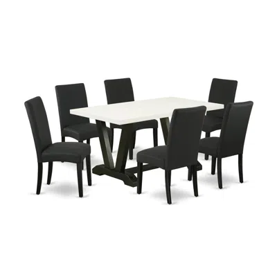 East West Furniture 7-pc Dining Table Set- 6 Parson Dining Chairs With Black Linen Fabric Seat And Stylish Chair Back