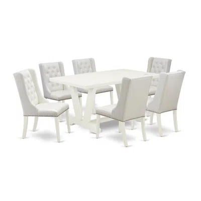 East West Furniture 7-pc Dining Table Set Contains 6 White Pu Leather Dining Room Chair Button Tufted With Nailheads And