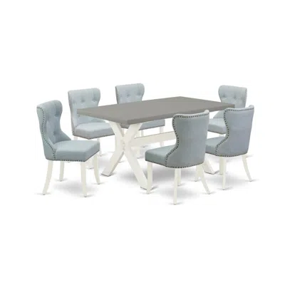East West Furniture 7-pc Kitchen Dining Room Set- 6 Kitchen Parson Chairs With Baby Blue Linen Fabric Seat And Button Tu In Multi