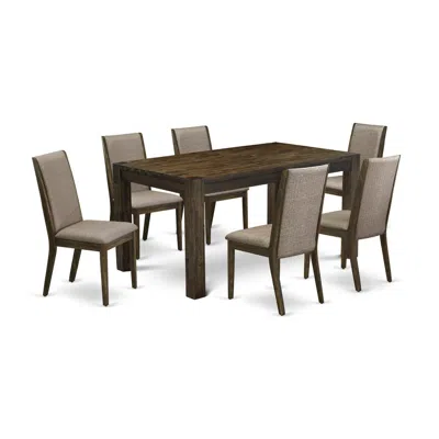 East West Furniture 7-pc Kitchen Dining Room Set- 6 Parson Dining Chairs With Dark Khaki Linen Fabric Seat And Stylish C In Brown