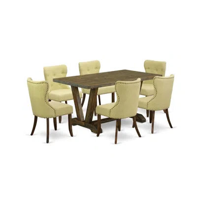 East West Furniture 7-pc Kitchen Dining Room Set- 6 Parson Dining Chairs With Limelight Linen Fabric Seat And Button Tuf In Brown