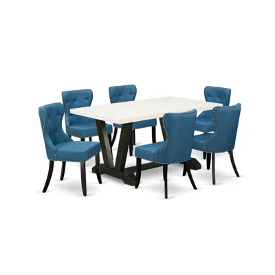 East West Furniture 7-pc Kitchen Dining Set- 6 Upholstered Dining Chairs With Blue Linen Fabric Seat And Button Tufted C In Multi