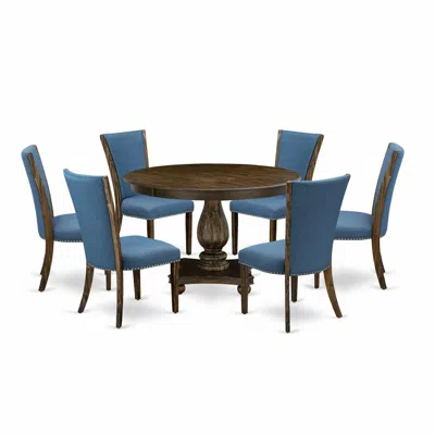 East West Furniture 7-pc Kitchen Table Set - Pedestal Dining Table And 6 Blue Color Parson Kitchen Chairs With High Back