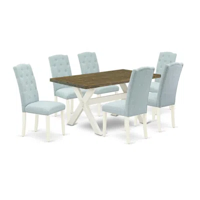 East West Furniture 7-pc Modern Dining Set- 6 Parson Chairs With Baby Blue Linen Fabric Seat And Button Tufted Chair Bac