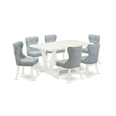 East West Furniture 7-pc Modern Dining Set- 6 Upholstered Dining Chairs With Baby Blue Linen Fabric Seat And Button Tuft In White
