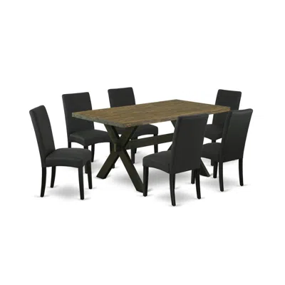 East West Furniture 7-pc Modern Dining Table Set- 6 Dining Padded Chairs With Black Linen Fabric Seat And Stylish Chair 