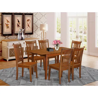 East West Furniture 7 Pc Set Rectangular Kitchen Table Having 12" Leaf And 6 Wood Dinette Chairs In Saddle Brown