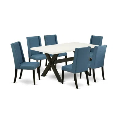 East West Furniture 7-piece Awesome A Good Linen White Dining Table Top And 6 Attractive Linen Fabric Padded Parson Chai In Multi
