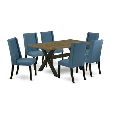 East West Furniture 7-piece Beautiful An Excellent Distressed Jacobean Rectangular Dining Table Top And 6 Amazing Linen  In Multi