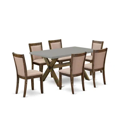 East West Furniture 7 Piece Contemporary Modern Dining Set - A Cement Top Dinner Table With Trestle Base And 6 Dark Khak In Brown