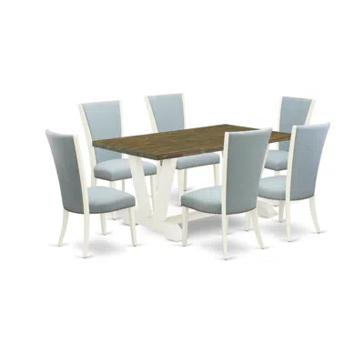 East West Furniture 7 Piece Dining Room Set - 6 Baby Blue Linen Fabric Kitchen Chair With Nailheads And Distressed Jacob
