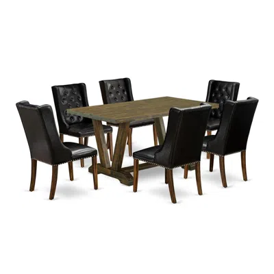 East West Furniture 7-piece Dining Room Set - 6 Black Pu Leather Upholstered Chair Button Tufted With Nail Heads And Mid