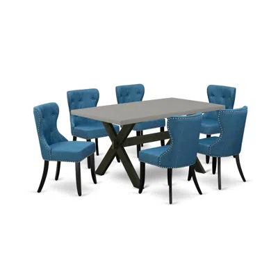 East West Furniture 7-piece Dining Room Set- 6 Parson Chairs With Blue Linen Fabric Seat And Button Tufted Chair Back