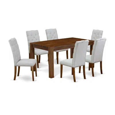 East West Furniture 7-piece Dining Room Set- 6 Parson Chairs With Grey Linen Fabric Seat And Button Tufted Chair Back In Gray
