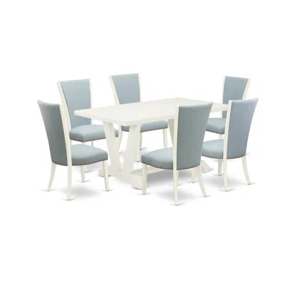 East West Furniture 7 Piece Dining Room Table Set - 6 Baby Blue Linen Fabric Dinning Room Chairs With Nailheads And Line In White